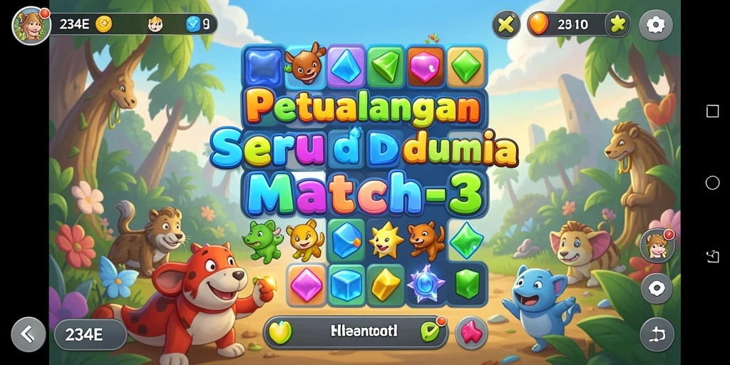 Screenshot gameplay 234E menampilkan kombinasi permata yang berwarna-warni.