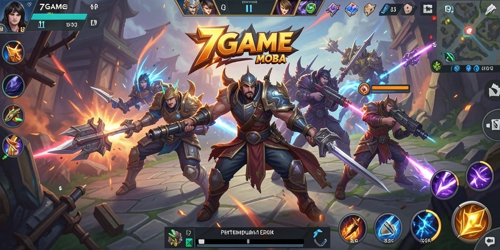 Tampilan gameplay seru dalam pertempuran MOBA di 7GAME.