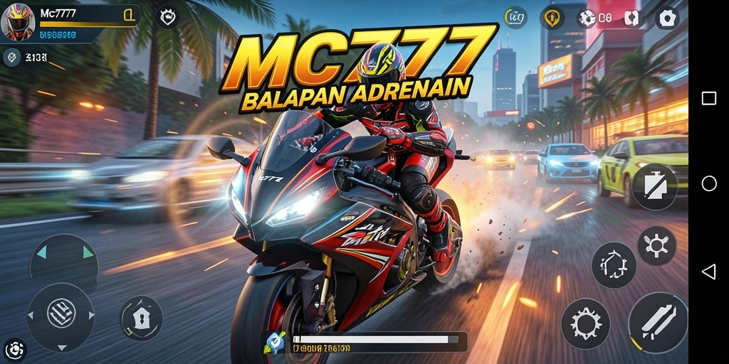 Tangkapan layar gameplay MC777 menampilkan aksi balapan motor yang mendebarkan.