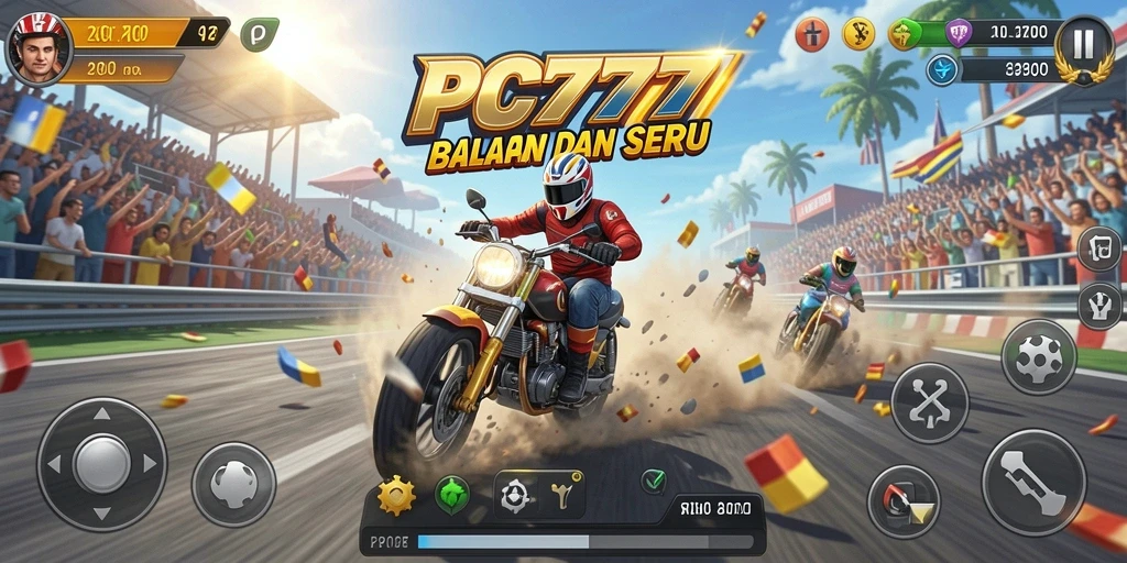 Tangkapan layar PC777 menampilkan aksi balapan yang mendebarkan.