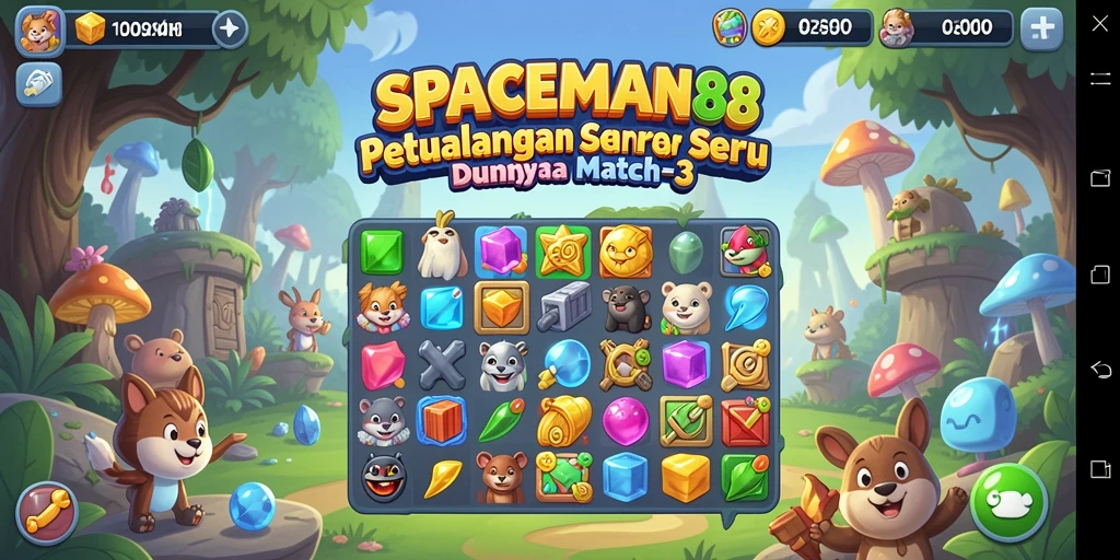 Tampilan gameplay penuh warna dalam <strong>SPACEMAN88</strong> yang menampilkan tantangan Match-3.
